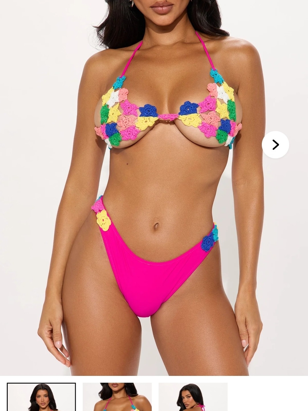 Fashion Nova Hot Pink Bikini Bottom with Multicolor Crochet Flowers